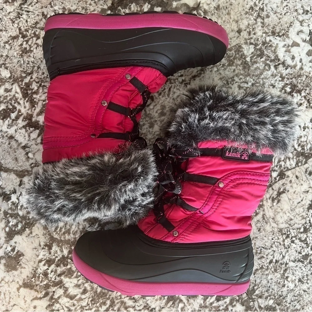 Kamik Youth Sz 4 Snow Boots Pink And Black With Faux Fur Edge Fleece Line